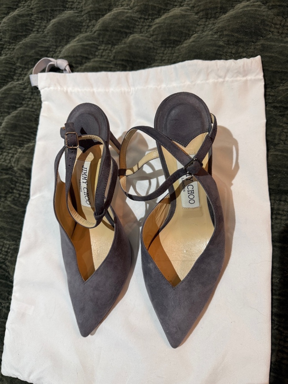Jimmy Choo Gray Suede Pointed-Toe Crisscross Slingback Heels